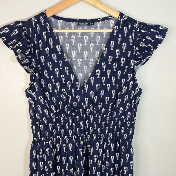 Vineyard Vines Navy Lobster Print Cotton Flutter Sleeve Maxi Dress Women’s Large - Picture 2 of 12